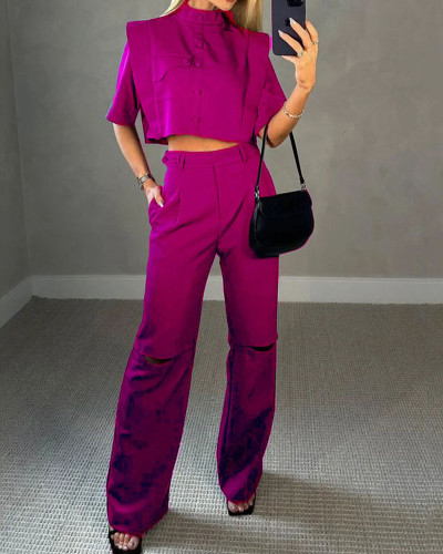 Women's suits casual short-sleeved tops  ripped wide-leg pants two-piece set