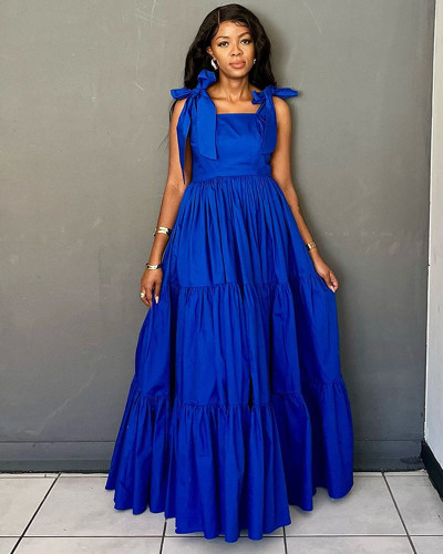 Women's solid color bow tie long maxi dress