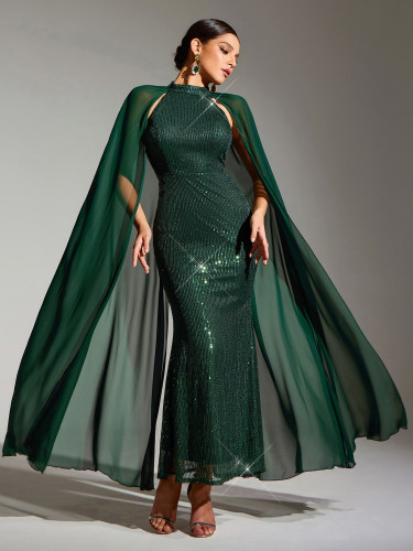 Sexy Women's Sequined Dress Round Neck Cape Long Sleeve Party Maxi Dress