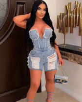 Sexy hollow out zipper short strapless denim Women's jumpsuit