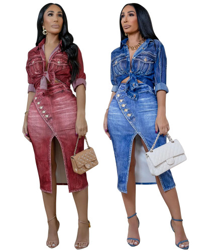 Women's Autumn Printed Long Sleeve Blouse Matching Skirt Set