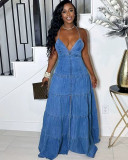 Autumn and winter women's sexy V-neck halter neck backless denim long dress