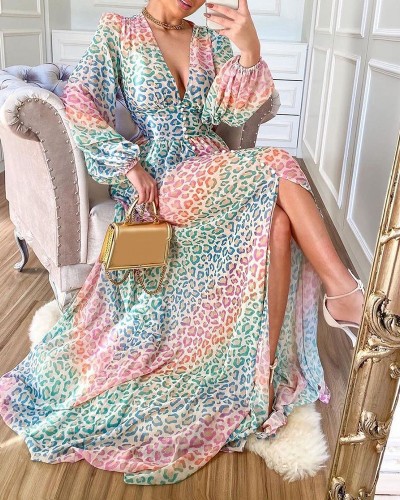 Autumn and winter women's sexy deep V lantern sleeve colorful leopard print casual long dress