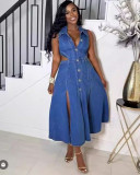 Autumn and winter women's multi-button pocket hollow out denim midi dress