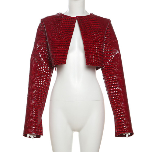 Winter women round neck solid color cropped jacket