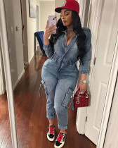 Women casual long sleeved high stretch jeans jumpsuit
