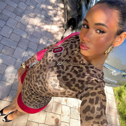 Autumn leopard print round neck long sleeve T-shirt high waist shorts basic two piece set