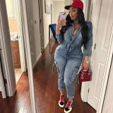 Women casual long sleeved high stretch jeans jumpsuit