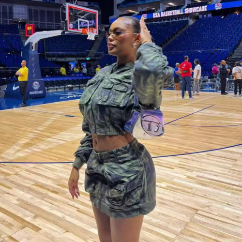 Camouflage print multi-pocket long-sleeved zipper short jacket + high-waisted mini skirt cargo two-piece set