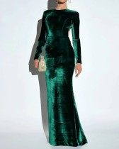 Autumn winter women's round neck velvet long sleeve hollow back solid color evening dress