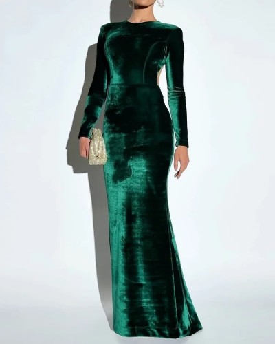 Autumn winter women's round neck velvet long sleeve hollow back solid color evening dress
