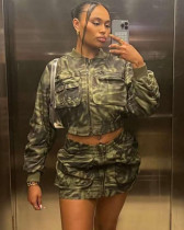 Camouflage print multi-pocket long-sleeved zipper short jacket + high-waisted mini skirt cargo two-piece set