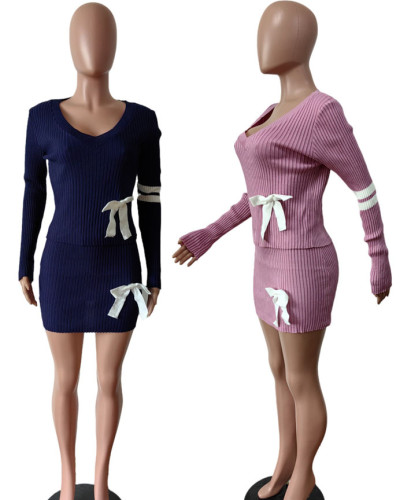 Women casual knitted long sleeve top and mini skirt two piece clothing