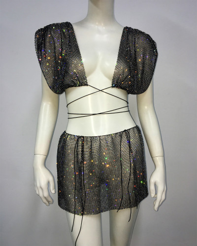Women's sexy mesh rhinestone vest skirt two-piece set