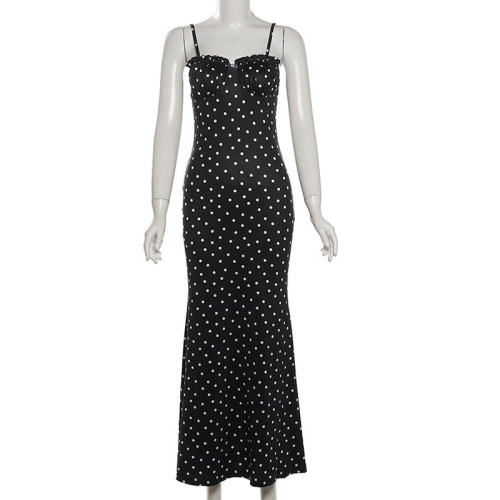 Elegant slim backless polka dot strap long dress