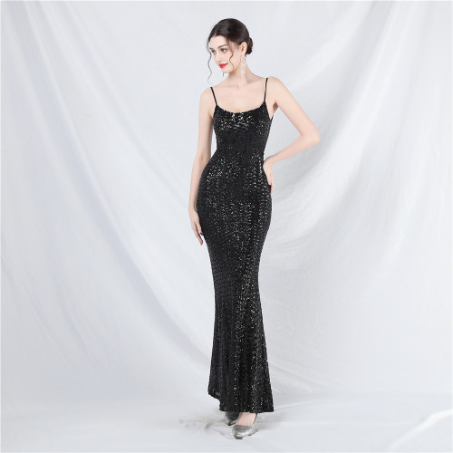Luxury slim fit sequined strap long evening dress