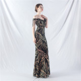 High-end waist-binding off shoulder beaded evening dress