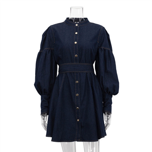 Denim blouse dress lantern sleeves casual jeans dress