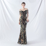 High-end waist-binding off shoulder beaded evening dress