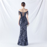 High-end waist-binding off shoulder beaded evening dress