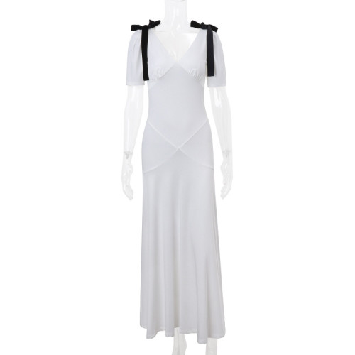 Autumn French Sweet Puff Sleeve Bow Tie Maxi Dress