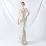 High-end waist-binding off shoulder beaded evening dress