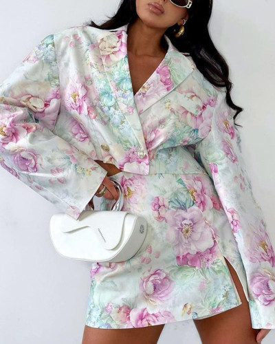 Loose-fitting long-sleeved blazer top + printed high-waisted skirt two piece set
