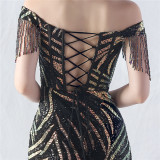 High-end waist-binding off shoulder beaded evening dress