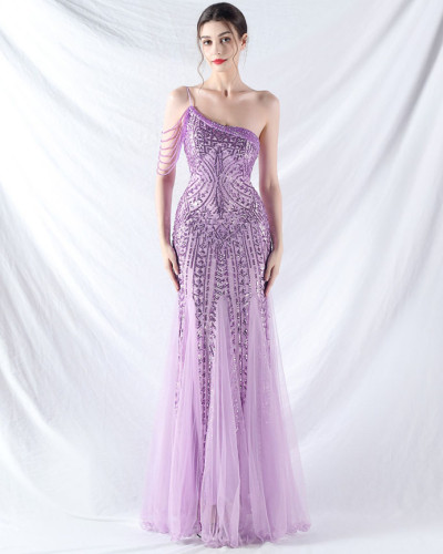 Luxury sequin mesh patchwork one shoulder strap mermaid evening dress