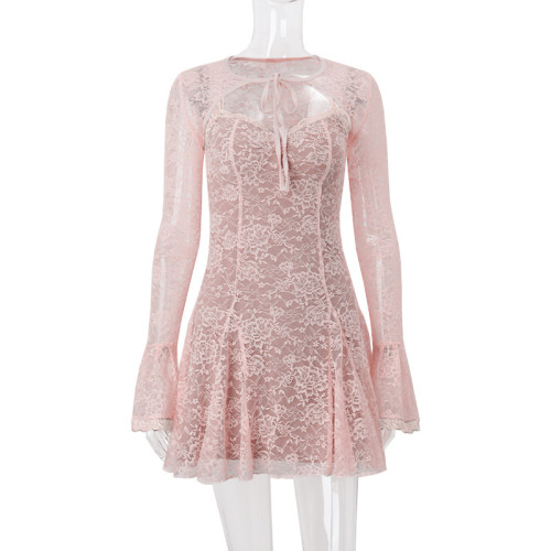 Autumn Sexy Lace Pink Dress