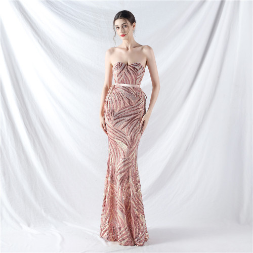 Luxury lace-up high waist sweetheart strap sequins evening dress