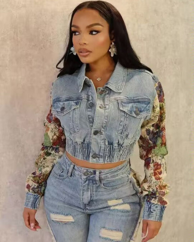 Long Sleeve Print Short Denim Jacket