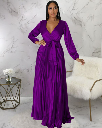 Autumn women's solid color V-neck lantern sleeve pleated maxi dress