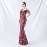 High-end waist-binding off shoulder beaded evening dress