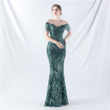 High-end waist-binding off shoulder beaded evening dress