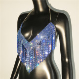 Sexy V-neck Tassel Rhinestone Metal Halter Tank Top for Women