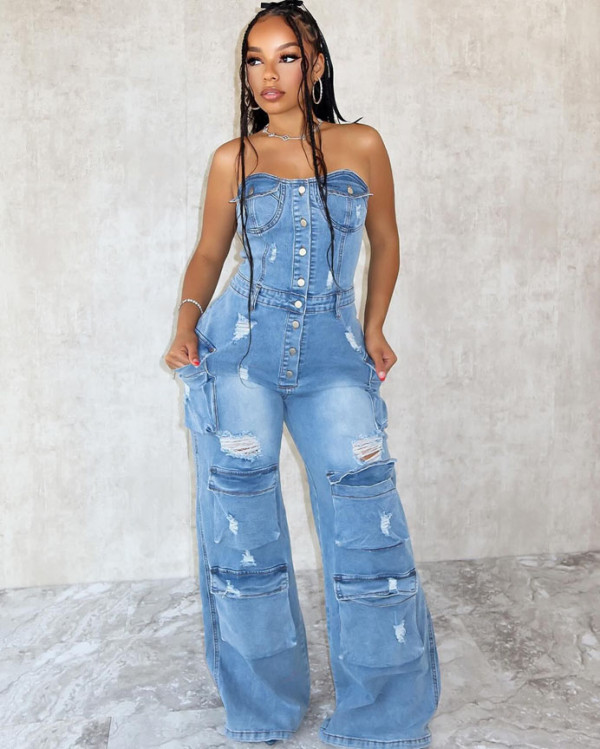 Casual strapless multi-pocket denim fabric cargo jumpsuit