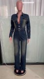 Long Sleeves Slim Fit Stretch Denim Jumpsuit