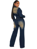 Long Sleeves Slim Fit Stretch Denim Jumpsuit