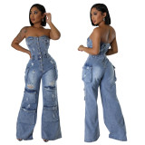Casual strapless multi-pocket denim fabric cargo jumpsuit