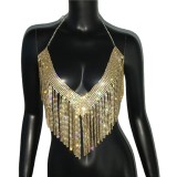 Sexy V-neck Tassel Rhinestone Metal Halter Tank Top for Women