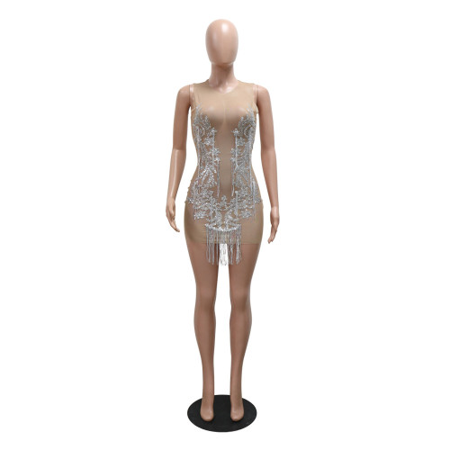 Party sexy sequined tassel sheer dress