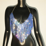 Sexy V-neck Tassel Rhinestone Metal Halter Tank Top for Women