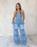 Casual strapless multi-pocket denim fabric cargo jumpsuit