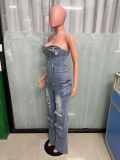 Casual strapless multi-pocket denim fabric cargo jumpsuit