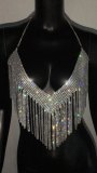 Sexy V-neck Tassel Rhinestone Metal Halter Tank Top for Women