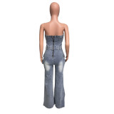 Casual strapless multi-pocket denim fabric cargo jumpsuit
