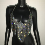 Sexy V-neck Tassel Rhinestone Metal Halter Tank Top for Women