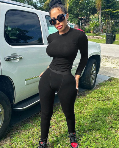 Round Neck Long Sleeve Top Slim Fit Sports Yoga Pants Set