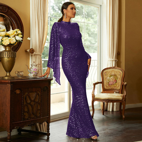 High-end long-sleeved temperament round-neck sexy long sequined banquet evening dress bridesmaid dress